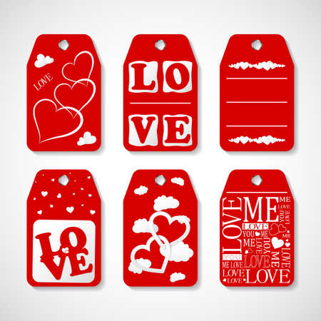 Collection of Happy Valentines day gift tags. Set of hand drawn holiday label in white and red. Romantic badge designのイラスト素材