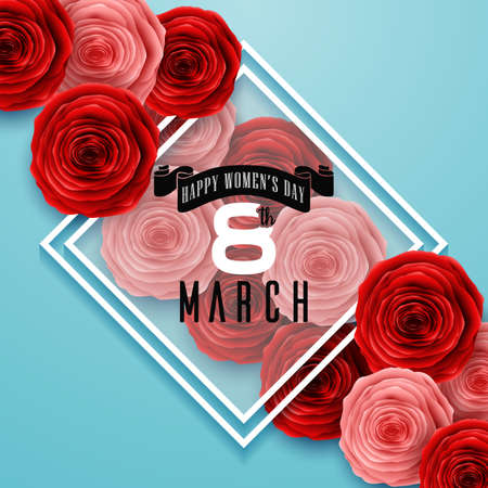 International Happy Women's Day greeting card with roses flowers and frame on blue backgroundのイラスト素材