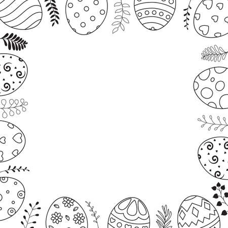 Square frame with easter eggs hand drawn and space for text on white backgroundのイラスト素材