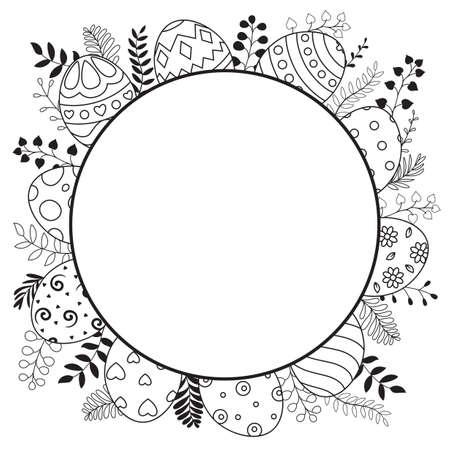 Happy Easter eggs with white round frame and ornate eggs on white backgroundのイラスト素材