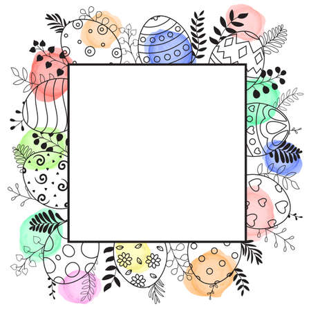 Happy Easter eggs with white frame paper and ornate eggs on white backgroundのイラスト素材