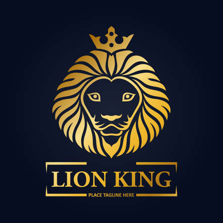 Gold lion king head mascot on black backgroundの写真素材