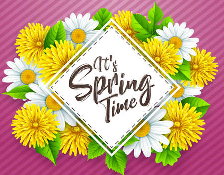 It's spring time banner with triangle frame and flowers on striped pink backgroundのイラスト素材