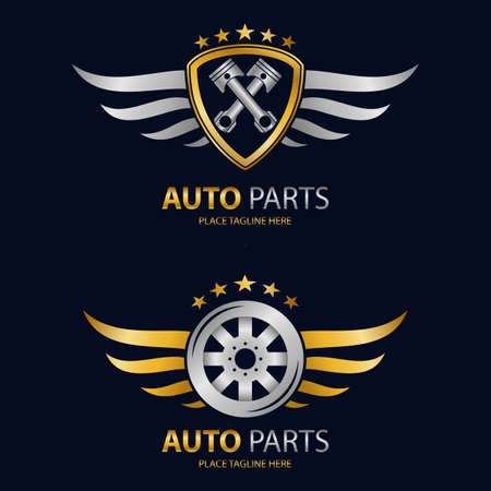 Auto shield icon and winged wheel on black backgroundのイラスト素材