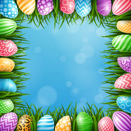 Happy Easter background with colored eggs and grass on blue sky backgroundのイラスト素材