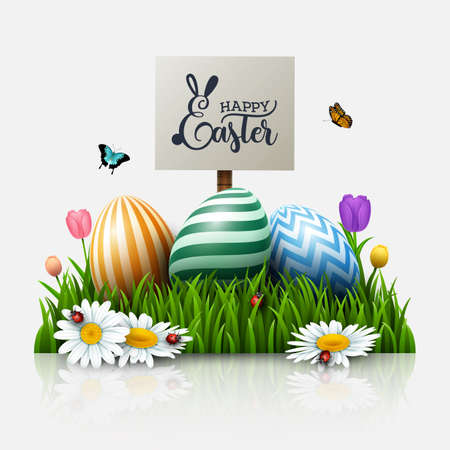 Easter greeting card with colorful eggs and flowers in the grassのイラスト素材