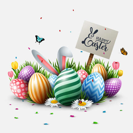 Easter greeting card with colorful eggs, flowers, bunny ears, insects, and signpost in the grass