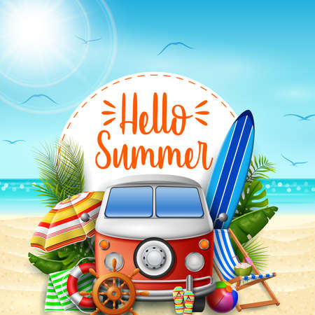 Hello summer. Summer vacations. Camper van on the beach.