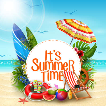 It's summer time banner design with white circle for text and beach elements in sand beach backgroundのイラスト素材