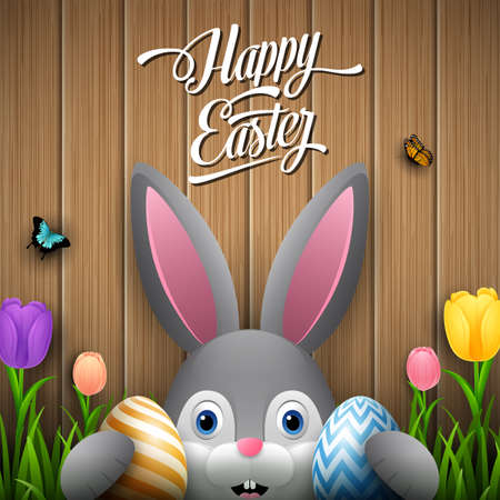 Happy easter with rabbit holding two egg colorful on wooden brown backgroundのイラスト素材