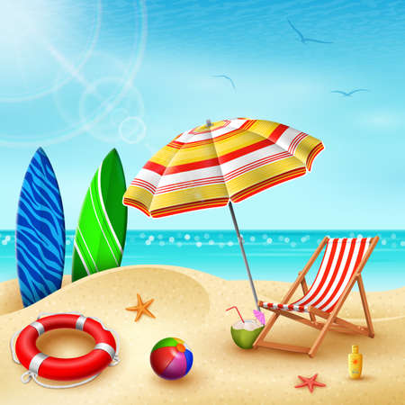 Summer holidays background. Surfboard, umbrellas, desk chair, ball, lifebuoy, sunblock, starfish, and coconut cocktail on a sandy beachのイラスト素材
