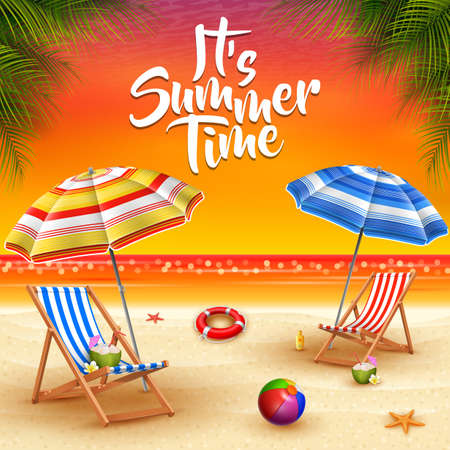Summer holidays background. Umbrellas, desk chair, ball, lifebuoy, sunblock, starfish, and coconut cocktail on a sandy beachのイラスト素材