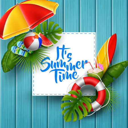 It's summer time banner design with white square for text and beach elements on wood backgroundのイラスト素材