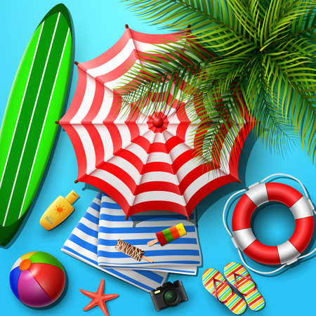 Summer holidays background in the blue beach sand. Top view of beach element collectionsのイラスト素材
