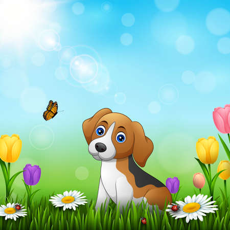 Cartoon dog in the grass backgroundのイラスト素材