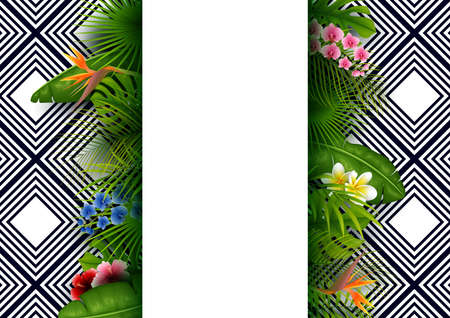 Green summer with tropical leaves and flowers. Vector pattern striped backgroundのイラスト素材
