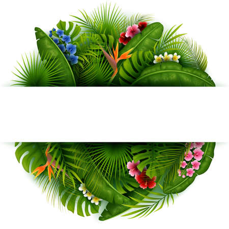 Green summer background with tropical leaves and flowersのイラスト素材
