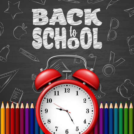 Back to school background with doodle elements on chalkboard, clock and colorful pencilsのイラスト素材