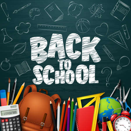 Back to School with school supplies and doodles on blue chalkboard backgroundのイラスト素材