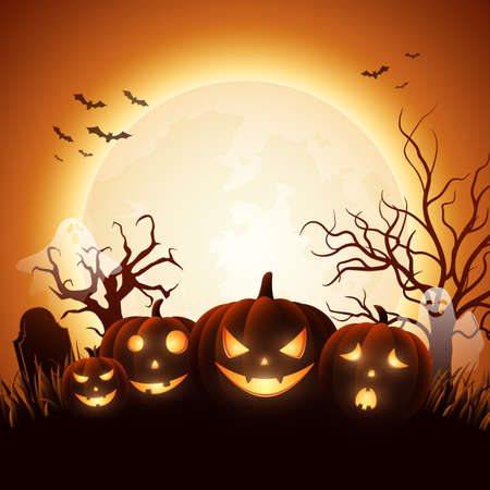 Vector illustration of cartoon Halloween pumpkins with white ghostのイラスト素材