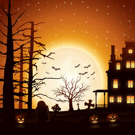 Vector illustration of Halloween night background with castle and pumpkinsのイラスト素材