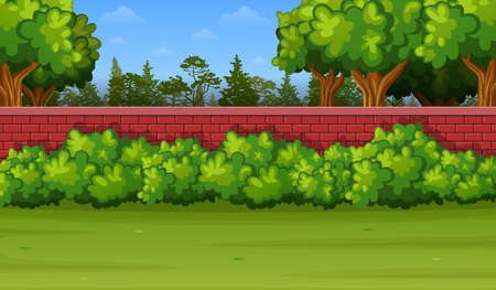 Garden background with brick wall and green grassのイラスト素材