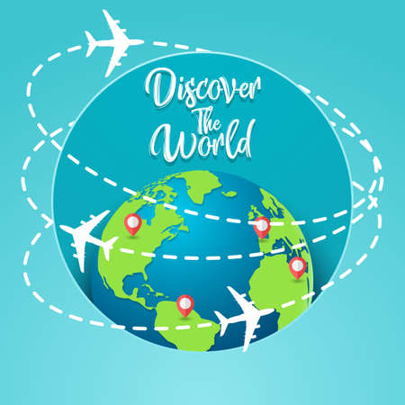 Vector illustration of Discover the world concept with flying around the worldのイラスト素材