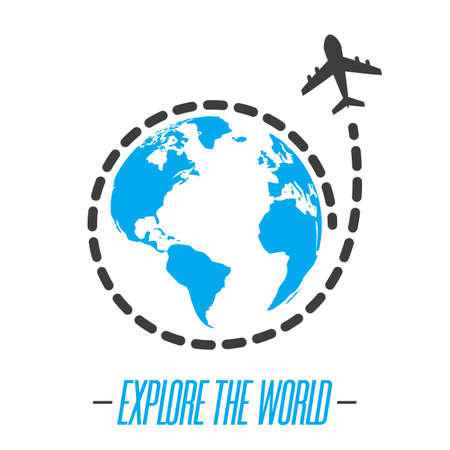 Explore the world icon with plane flying around the worldのイラスト素材