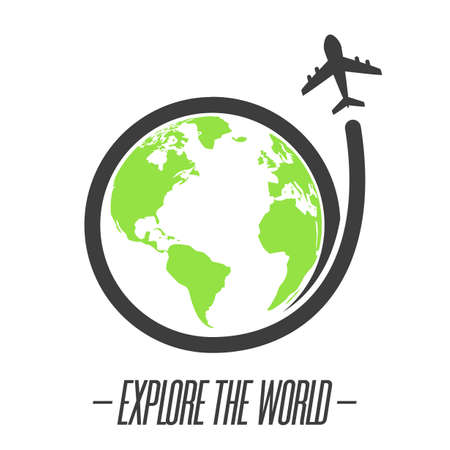 Explore the world icon with plane flying around the worldのイラスト素材