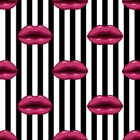 Vector illustration of Seamless pattern purple lips on striped backgroundのイラスト素材
