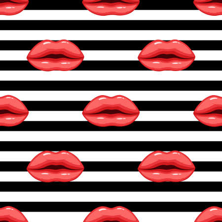 Vector illustration of Seamless pattern pink lips on striped backgroundのイラスト素材