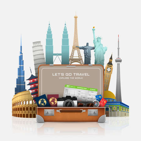 Vector illustration of Open suitcase with landmarks and vacation luggage accessoriesのイラスト素材