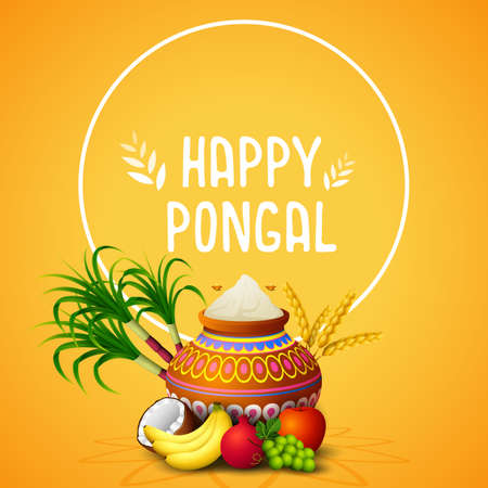 Vector illustration of Happy Pongal greeting card on orange backgroundのイラスト素材