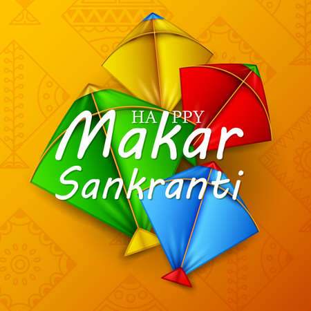 Makar sankranti greeting card with colorful kitesのイラスト素材