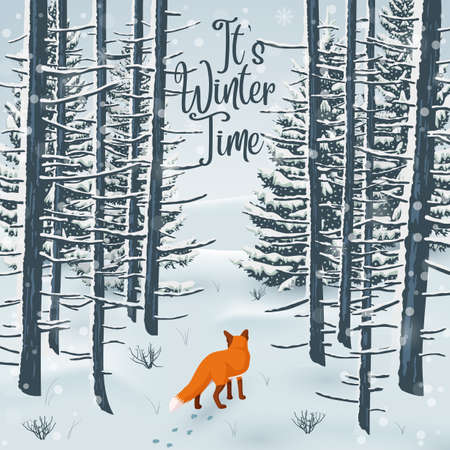 Vector illustration of Happy Winter with Forest Landscape and fox animalのイラスト素材