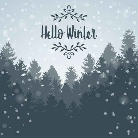 Vector illustration of Hello Winter forest landscape and tree pine background