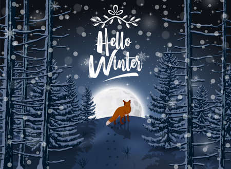 Vector illustration of Happy Winter with evening Forest Landscape and fox animalのイラスト素材