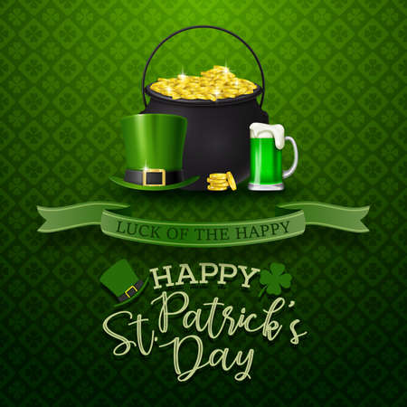 Happy St. Patrick's Day with beer, hat, and golden coinsのイラスト素材