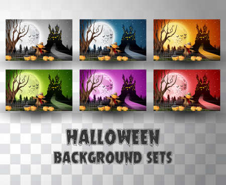 Halloween cartoon silhouette background sets with different colour sceneのイラスト素材