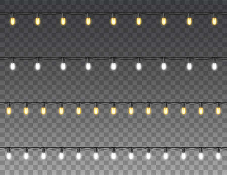 Christmas lights isolated realistic design elements. Glowing lights for christmas Holiday greeting card design. Garlands, Christmas decorationsのイラスト素材