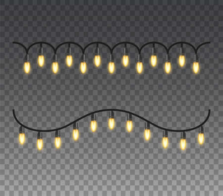 Christmas lights isolated realistic design elements. Glowing lights for christmas Holiday greeting card design. Garlands, Christmas decorationsのイラスト素材