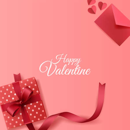 Happy Valentines Day background with envelope and giftbox decorations on pink backgroundのイラスト素材