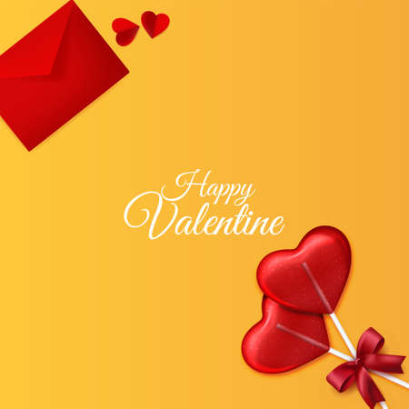 Happy Valentines Day background with envelope and love heart shape candy decorations on yellow backgroundのイラスト素材