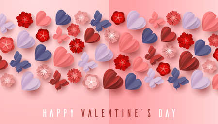 Happy valentines day paper cut style with colorful heart shape in pink backgroundのイラスト素材