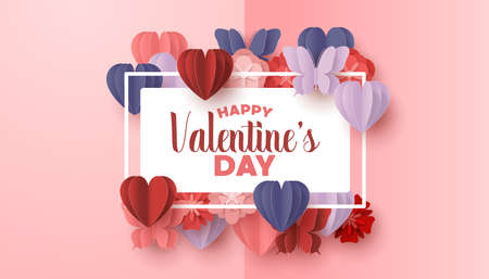 Happy valentines day paper cut style with colorful heart shape in pink backgroundのイラスト素材