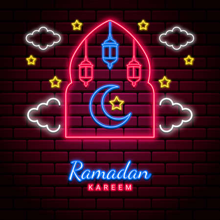 Ramadan Kareem background with neon style. vector illustrationのイラスト素材