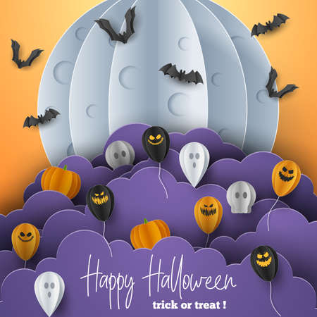 Happy Halloween banner background with clouds and pumpkins in paper cut style. Full moon in the sky, spiders web, skull, ghost and flying bats. Vector Illustrationのイラスト素材