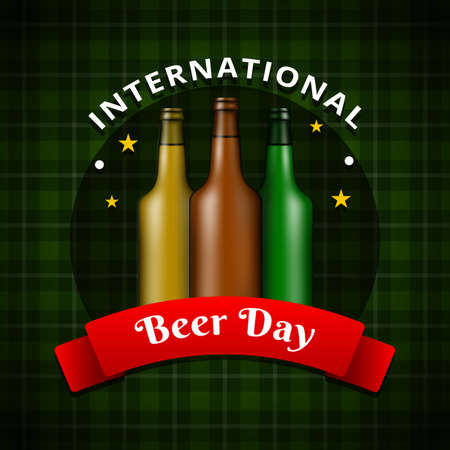 International Beer Day, on August. Cheers with clinking beer mugs conceptual. vector illustration.のイラスト素材