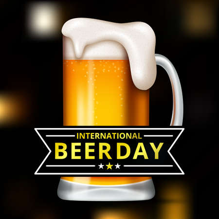 International Beer Day, on August. Cheers with clinking beer mugs conceptual. vector illustration.のイラスト素材