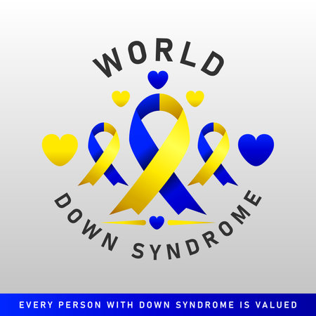 Down syndrome world day vector poster with blue and yellow ribbon. Social poster 21 March World Down Syndrome Day.のイラスト素材